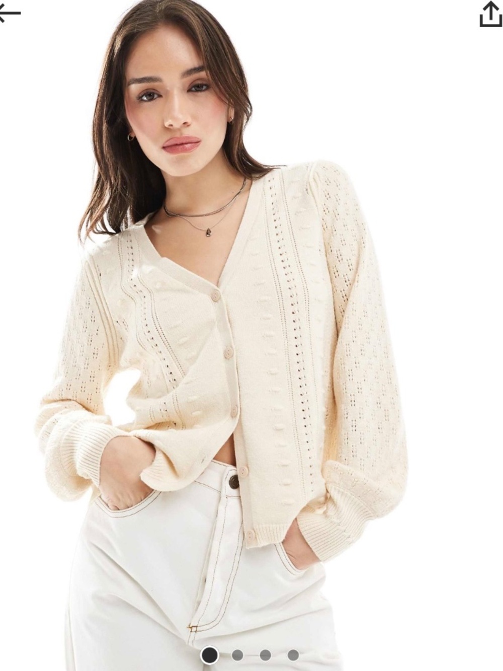 OBJECT Cream Pointelle Knit Button Cardigan Sweater XS